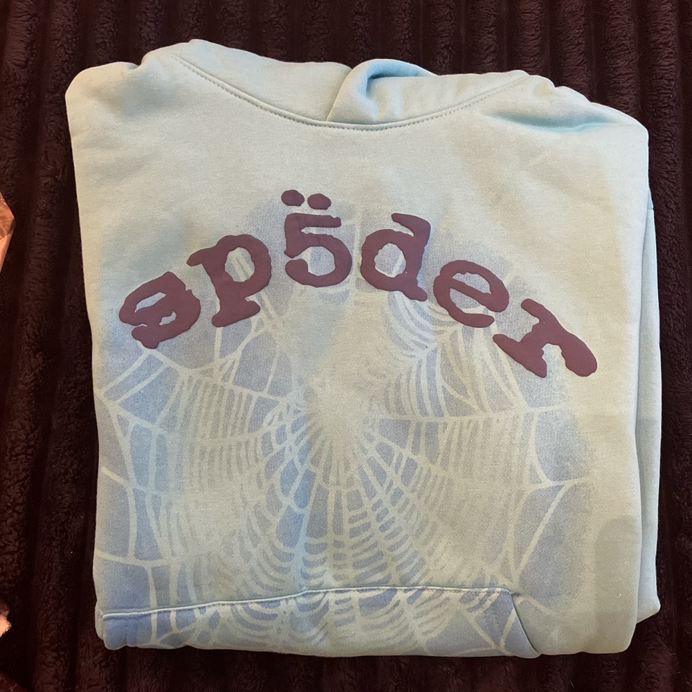 Light Blue Hoodie with Spider Web Design